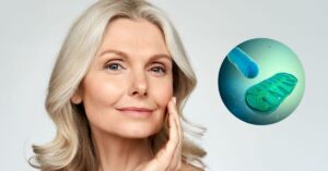 aging woman with an image of mitochondria in a photo frame next to her head
