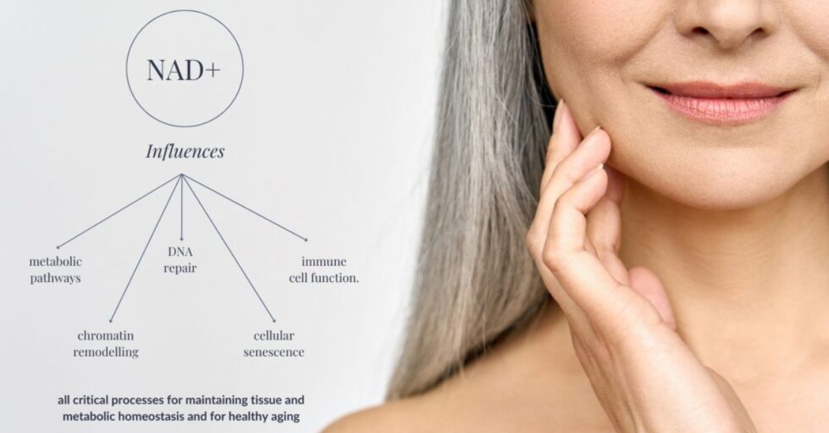 Aging woman with a graphic next to her head describing how NAD+ influences aging