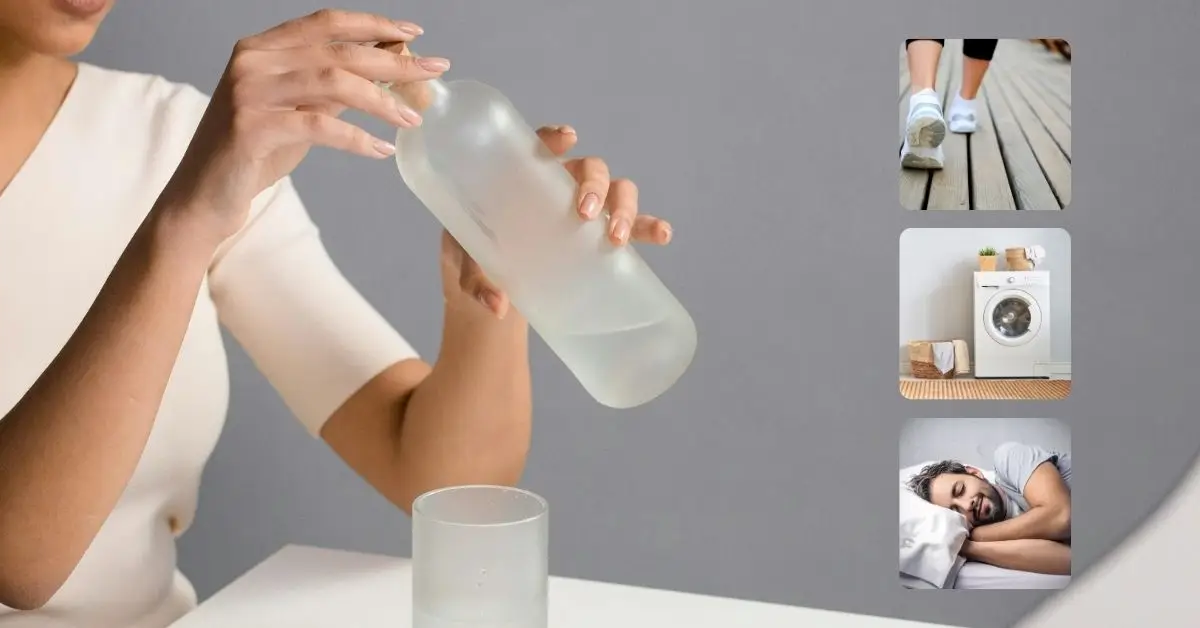 Woman drinking out of glass bottle and three other simple tips for vibrant health